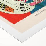 Art deco poster featuring geometric patterns in bold black and red on rolled canvas, suitable for dining room decor.