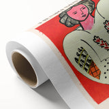 Art deco style poster of abstract shapes in muted beige and teal, rolled canvas, suitable for nursery wall art.