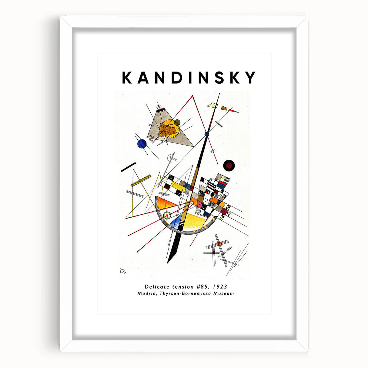 Abstract art print in vibrant primary colors on framed white mat, ideal for modern dining room decor.