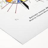 Art deco poster featuring geometric shapes in muted gold and navy tones on rolled canvas, suitable for dining room walls.