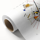 Art Deco style poster featuring geometric shapes in bold primary colors, printed on rolled canvas.