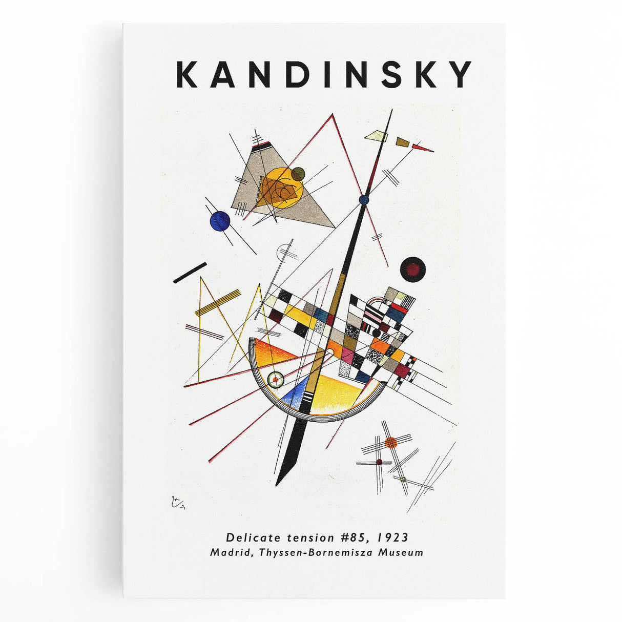 Abstract black and white Kandinsky design on stretched canvas, ideal for kitchen wall art.