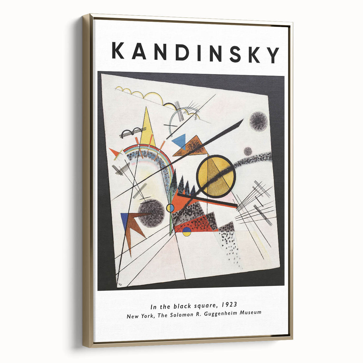 Framed canvas featuring a black and gold abstract Kandinsky-style design, ideal for modern bedroom decor.