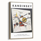 Framed canvas featuring a black and gold abstract Kandinsky-style design, ideal for modern bedroom decor.