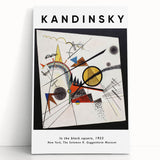 Abstract black and white Kandinsky design on a large stretched canvas, ideal for kitchen wall art or bedroom ambiance.