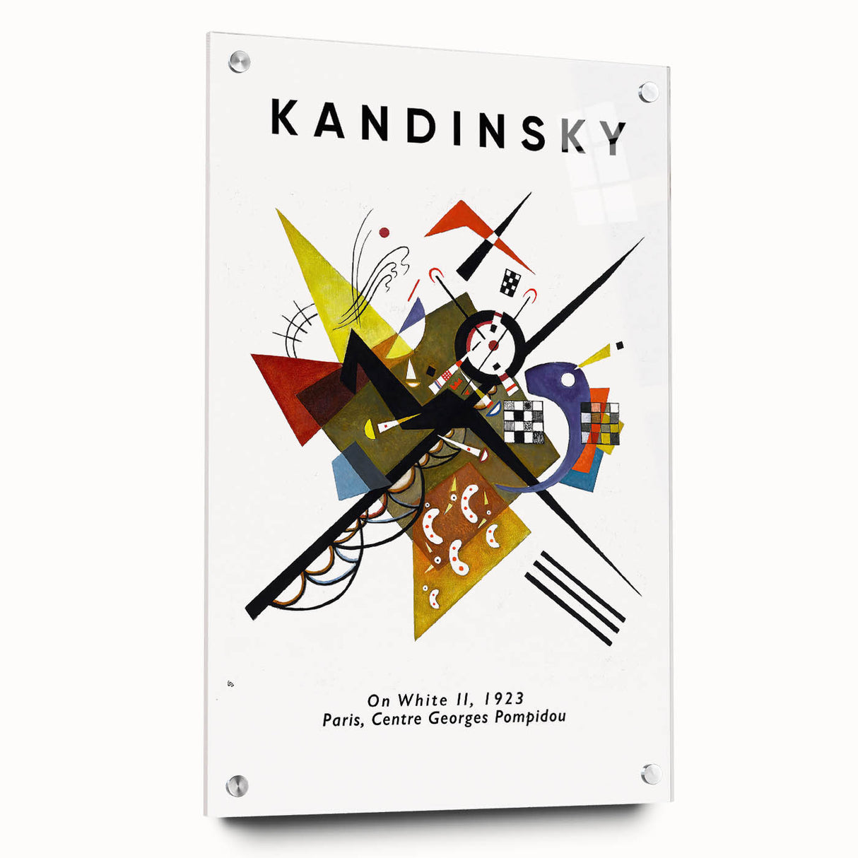 Large abstract wall art on acrylic glass, featuring vibrant geometric shapes, suitable for bedroom or dining room decor.