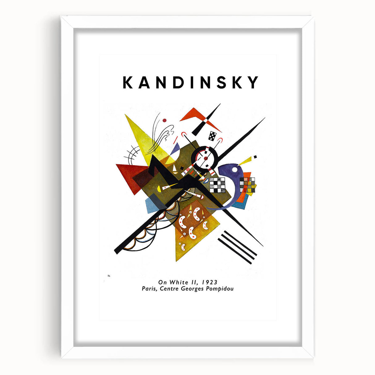 Abstract art print featuring swirling colors in blue, red, and yellow on a white framed canvas.