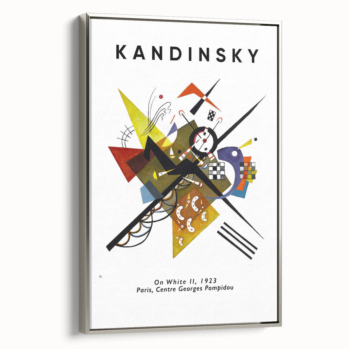 Framed canvas of a Kandinsky-inspired abstract landscape with vibrant colors on a black background.