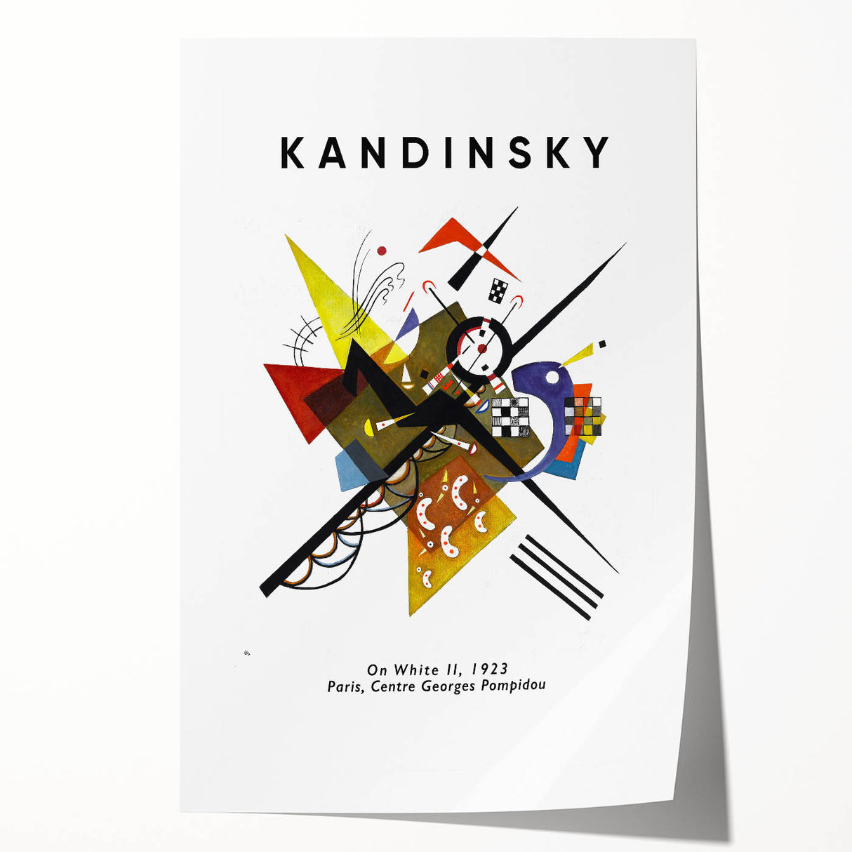 Abstract Kandinsky-inspired rolled print featuring vibrant, multicolored geometric shapes, ideal for art wall dining room.