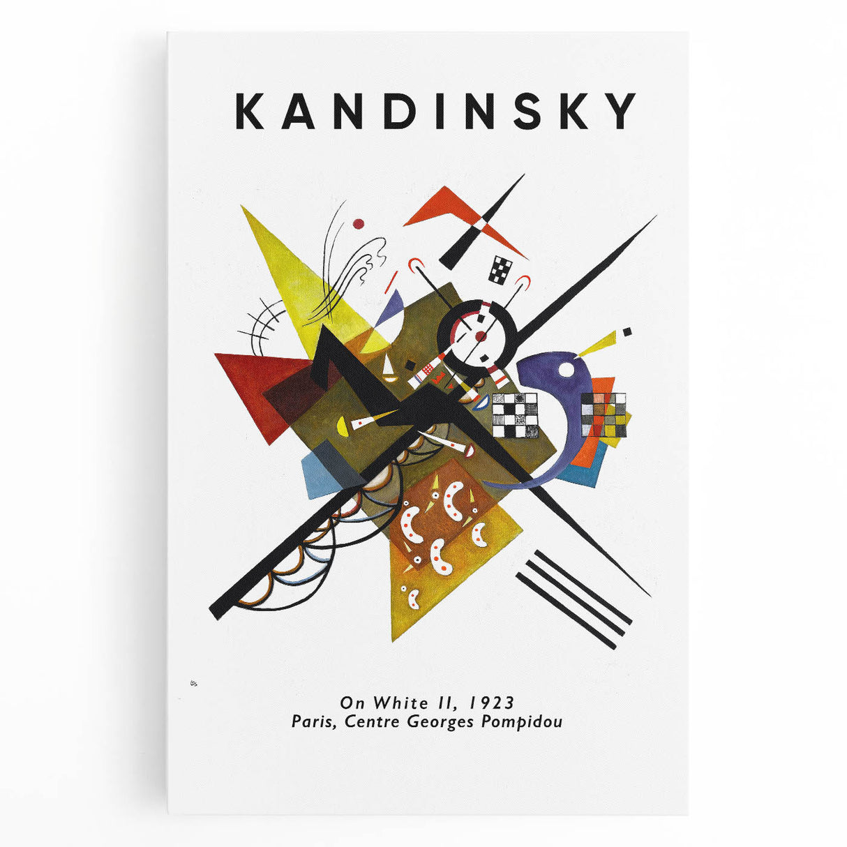 Abstract black and white Kandinsky-inspired design on large stretched canvas, suitable for kitchen wall art.