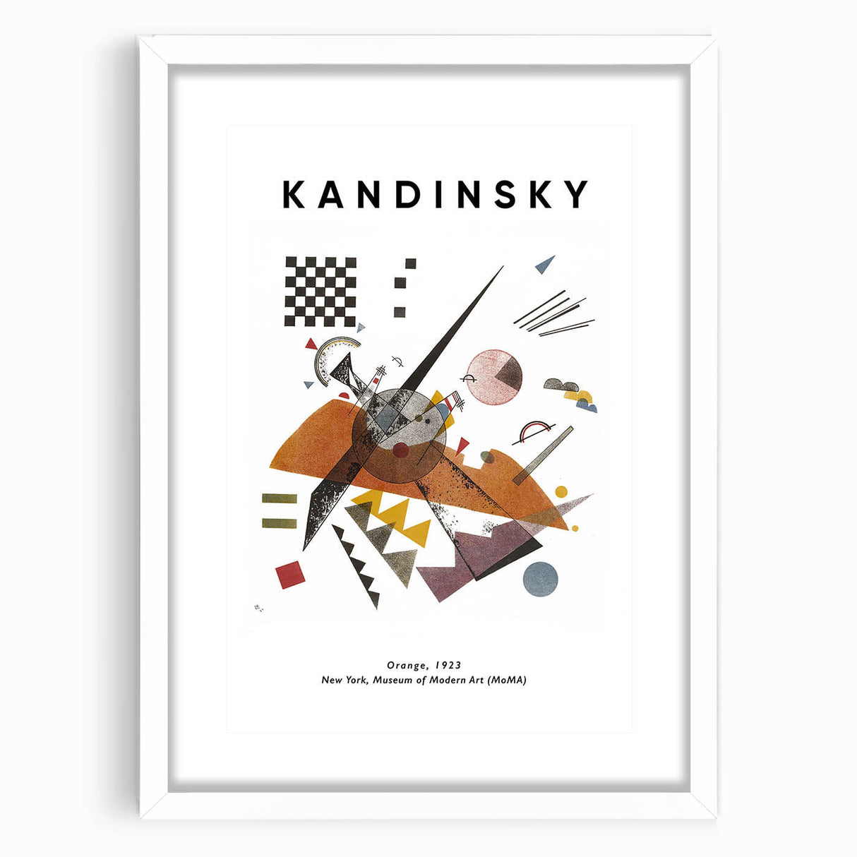 Abstract art print featuring swirling shapes in bold primary colors on a white framed canvas.