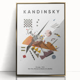 Mid-century modernist acrylic print featuring abstract shapes in vibrant colors, framed in gold.