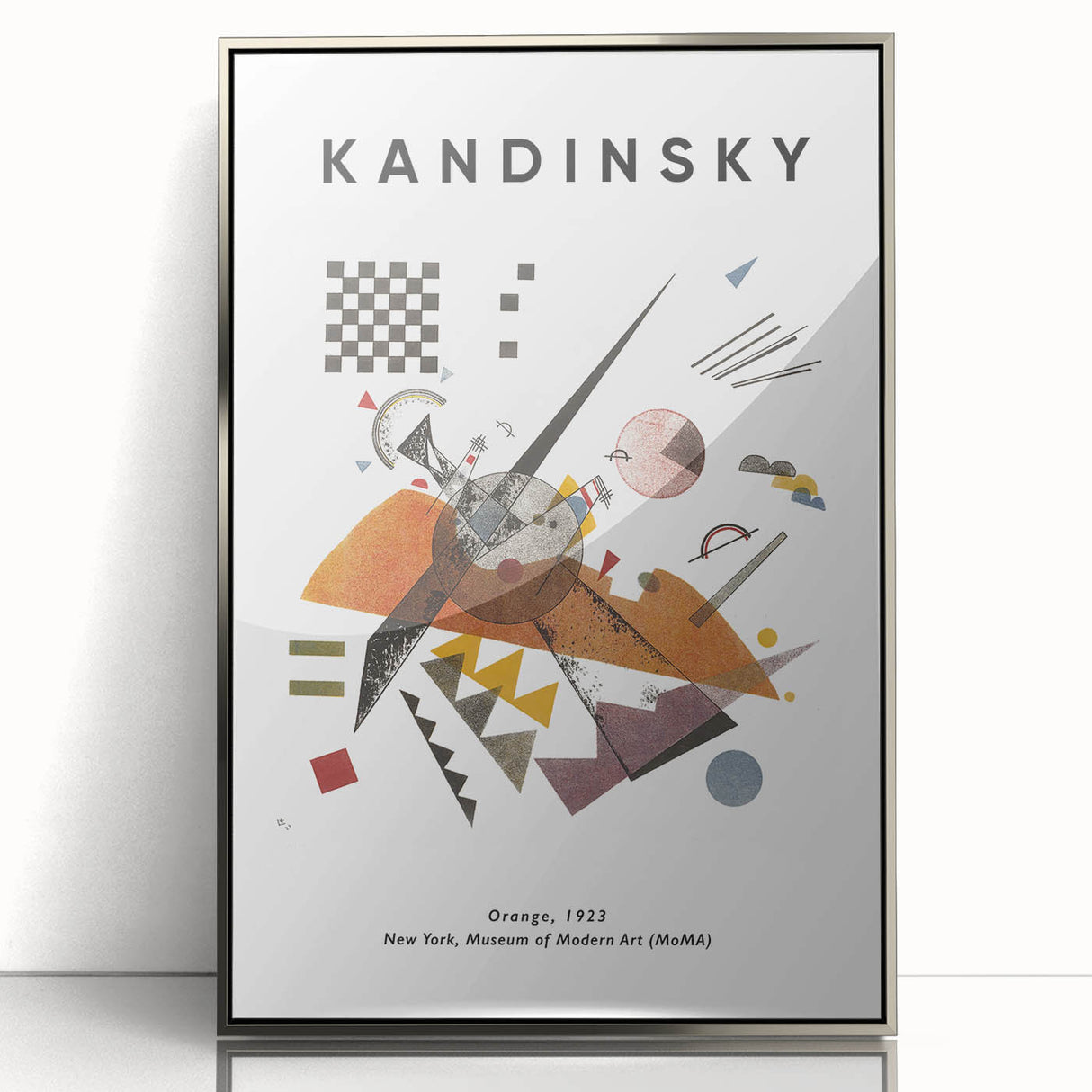 Mid-century modernist art depicting abstract shapes in bold colors on a silver-framed acrylic, suitable for nursery wall art.