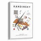 Vintage poster art featuring a Kandinsky-inspired abstract design in vibrant colors on a large framed canvas.