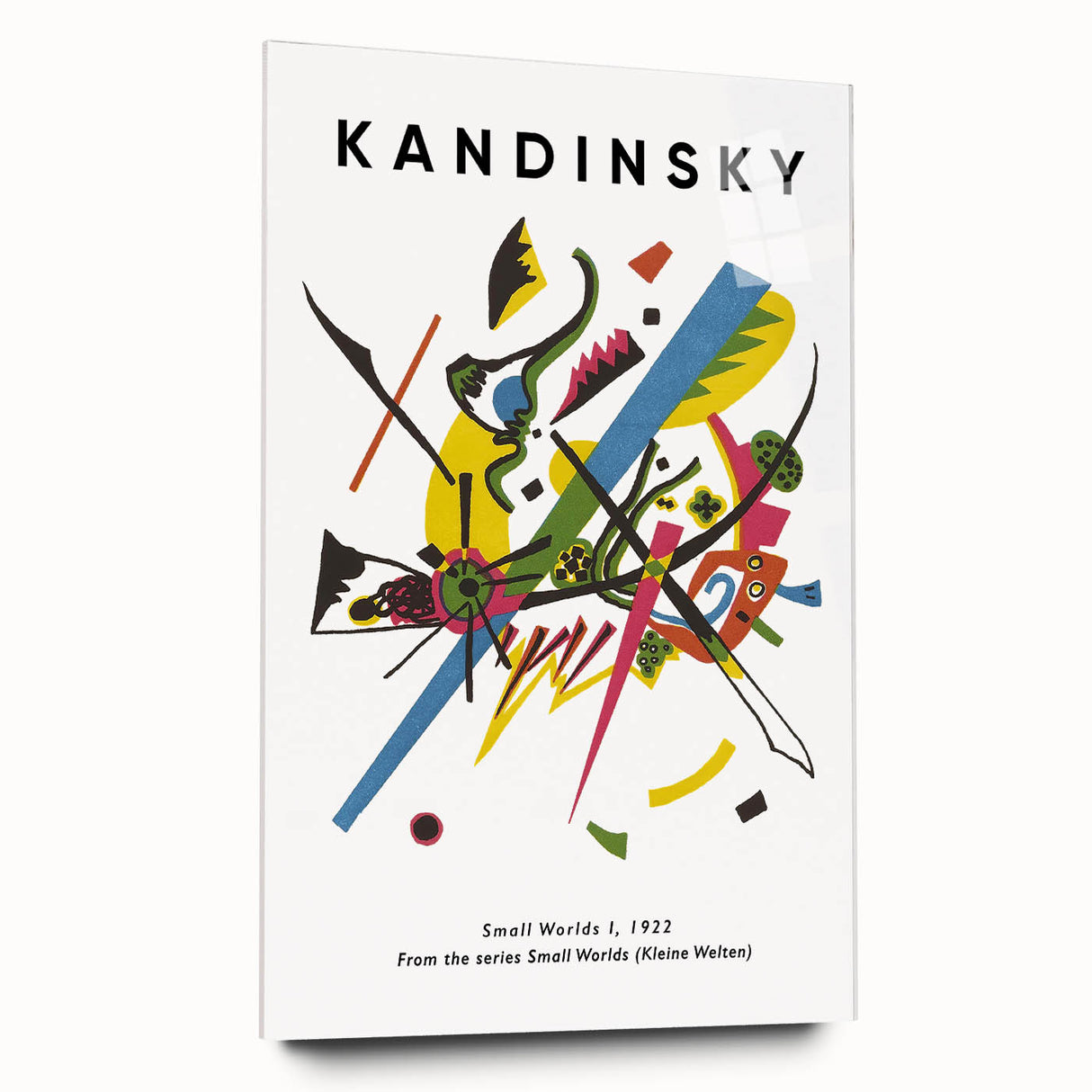 Large abstract wall art on acrylic glass featuring dynamic shapes in primary colors, suitable for bedroom or dining room.