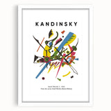 Abstract art print featuring geometric shapes in bold colors on a white framed canvas, suitable for dining room decor.