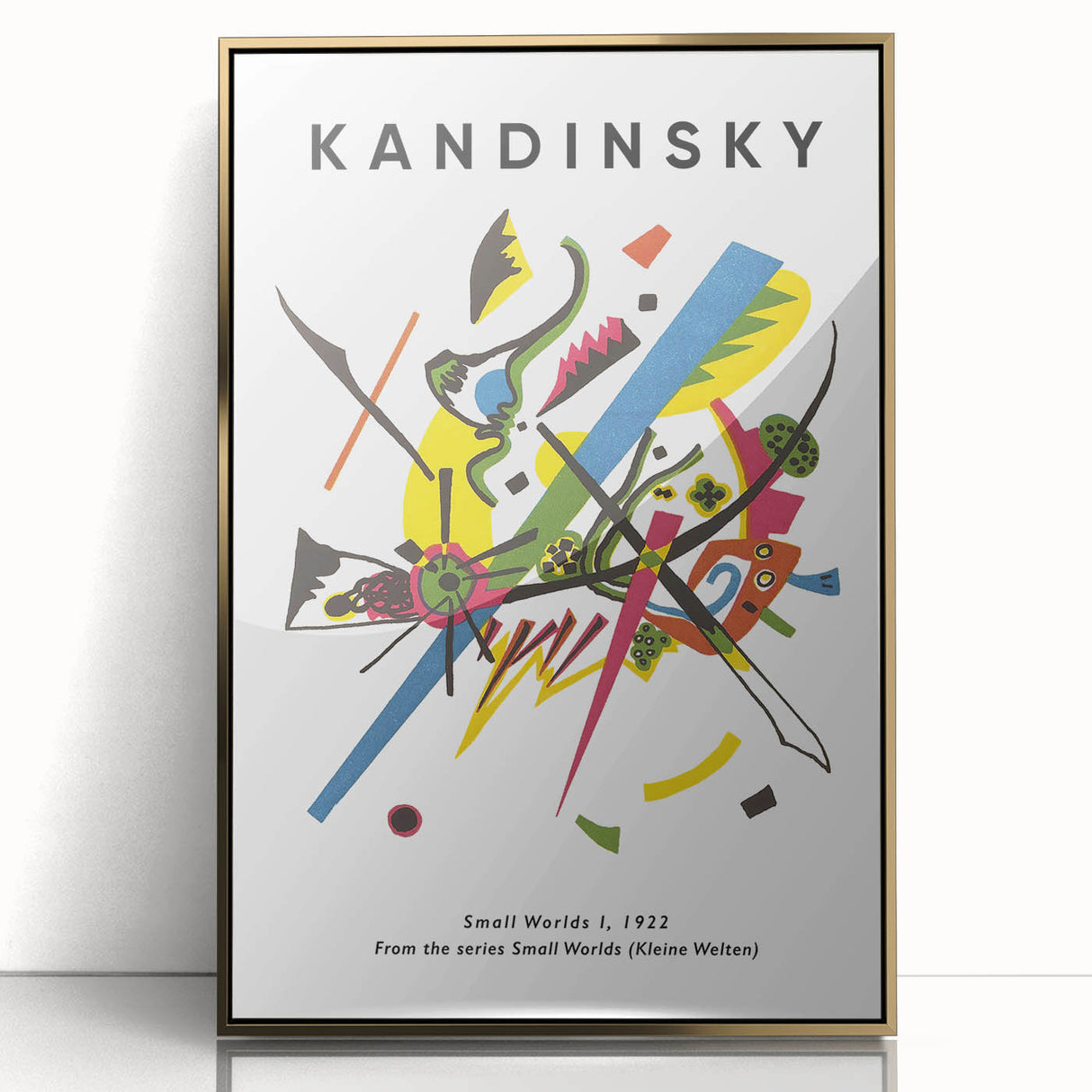 Large art print of a mid-century modernist Kandinsky-inspired abstract design in vibrant colors, framed in gold acrylic.