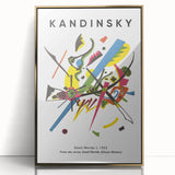 Large art print of a mid-century modernist Kandinsky-inspired abstract design in vibrant colors, framed in gold acrylic.
