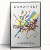 Mid-century modernist art by Kandinsky, featuring abstract geometric shapes in vibrant colors, framed in silver acrylic.