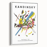 Framed canvas vintage poster art featuring abstract colorful shapes on a black background, ideal for living room decor.