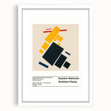 Abstract art print featuring geometric shapes in black and white, framed in white, suitable for bedroom or dining room decor.