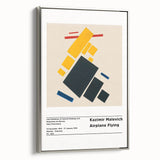 Framed canvas of a Malevich-inspired landscape art painting featuring geometric shapes in black and vibrant colors.