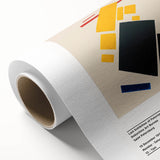 Art Deco style poster featuring geometric shapes in muted gold and navy, on rolled canvas, suitable as nursery wall art.