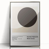 Mid-century modernist art depicting geometric shapes in black and white on a silver-framed acrylic print.
