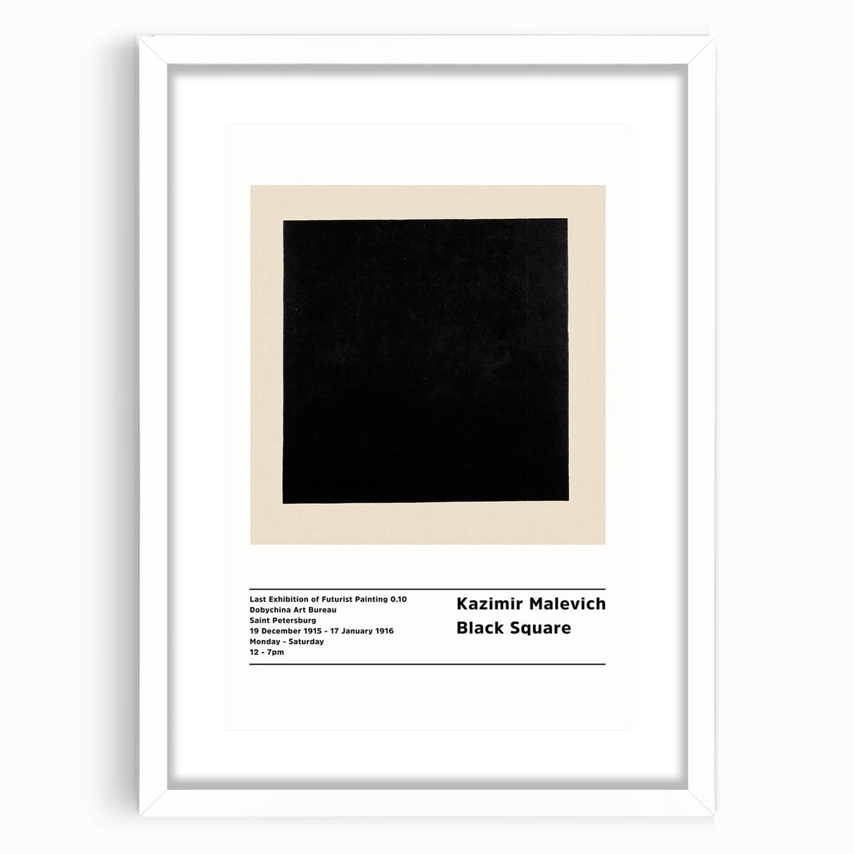 Abstract art print featuring geometric shapes in black and white, framed in white.