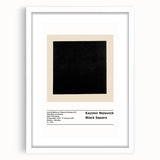 Abstract art print featuring geometric shapes in black and white, framed in white.