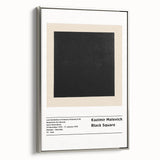 Framed canvas of a Malevich-inspired landscape art painting in silver frame, featuring black and colorful geometric shapes.