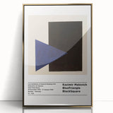 Mid-century modernist art featuring geometric shapes in black and white on a gold-framed acrylic print.