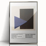 Mid-century modernist art featuring geometric shapes in black and white on a silver-framed acrylic print.