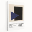 Abstract Malevich-inspired geometric shapes in black and white on a large stretched canvas, suitable for kitchen wall art.