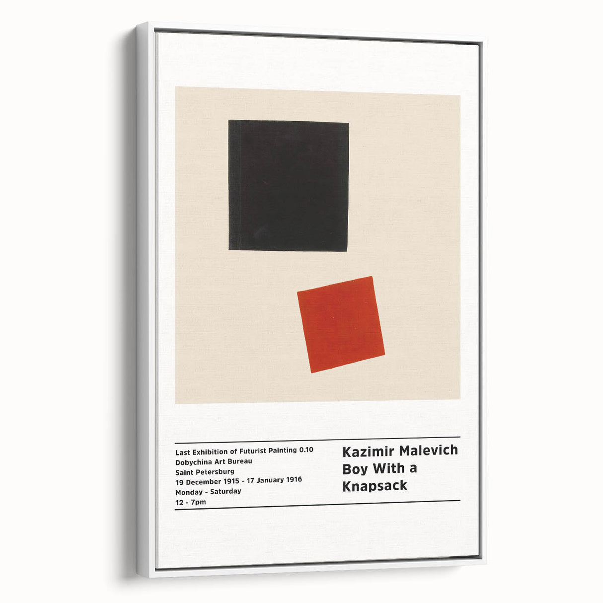 Vintage poster art featuring Malevich's avant-garde design in black and colorful patterns on a framed canvas.