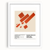 Abstract art print featuring geometric shapes in black and white, framed in white, suitable for bedroom or dining room decor.