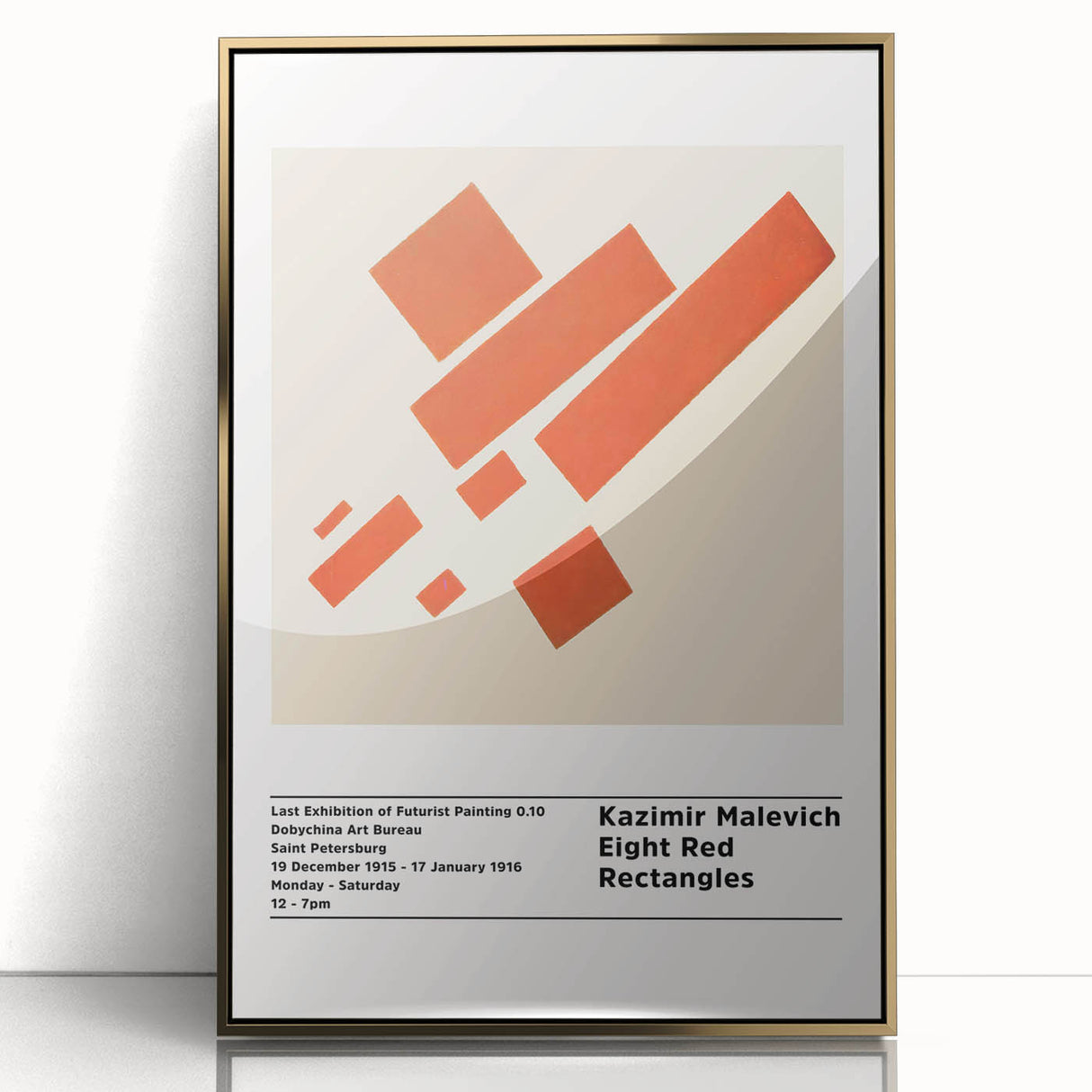 Mid-century modernist art featuring geometric shapes in black and white on a gold-framed acrylic print.