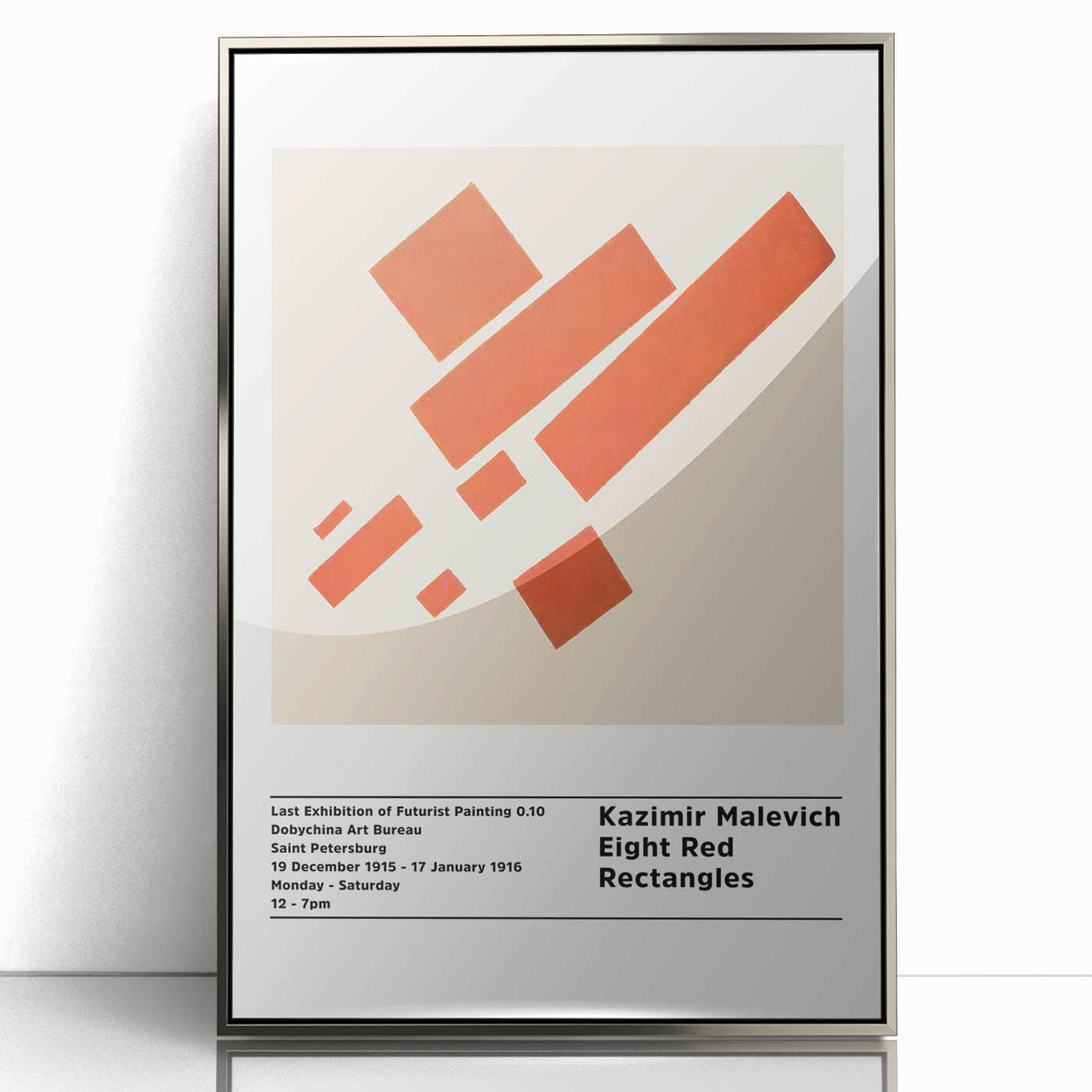 Mid-century modernist art featuring geometric shapes in muted tones on a silver-framed acrylic print.