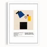 Abstract art print featuring geometric shapes in black and white, framed with a white mat, suitable for dining room decor.