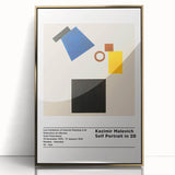 Mid-century modernist art featuring geometric shapes in black and white on a gold-framed acrylic.