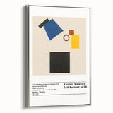 Framed canvas of a Malevich-inspired abstract landscape, featuring bold black and vibrant color blocks.