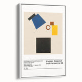 Vintage poster art of Malevitch design on a large framed canvas, featuring abstract colorful shapes on a black background.