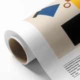 Art Deco style poster featuring geometric shapes in bold colors on rolled canvas, ideal for nursery wall art.