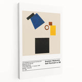 Abstract Malevich-inspired wall art on stretched canvas, featuring geometric shapes in black and white.