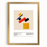 Extra large abstract art print featuring geometric shapes in black and white, framed in gold, suitable for living room decor.