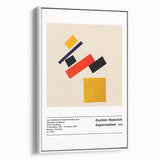 Extra large framed canvas featuring a vintage poster art of Malevitch's avant-garde design in black with colorful accents.