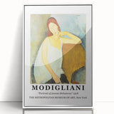 Art deco poster of a Modigliani painting in muted pastels, framed acrylic, ideal for nursery wall art.