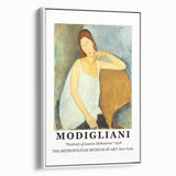 Framed canvas vintage poster art featuring a colorful Modigliani design on a black background, ideal for living room decor.