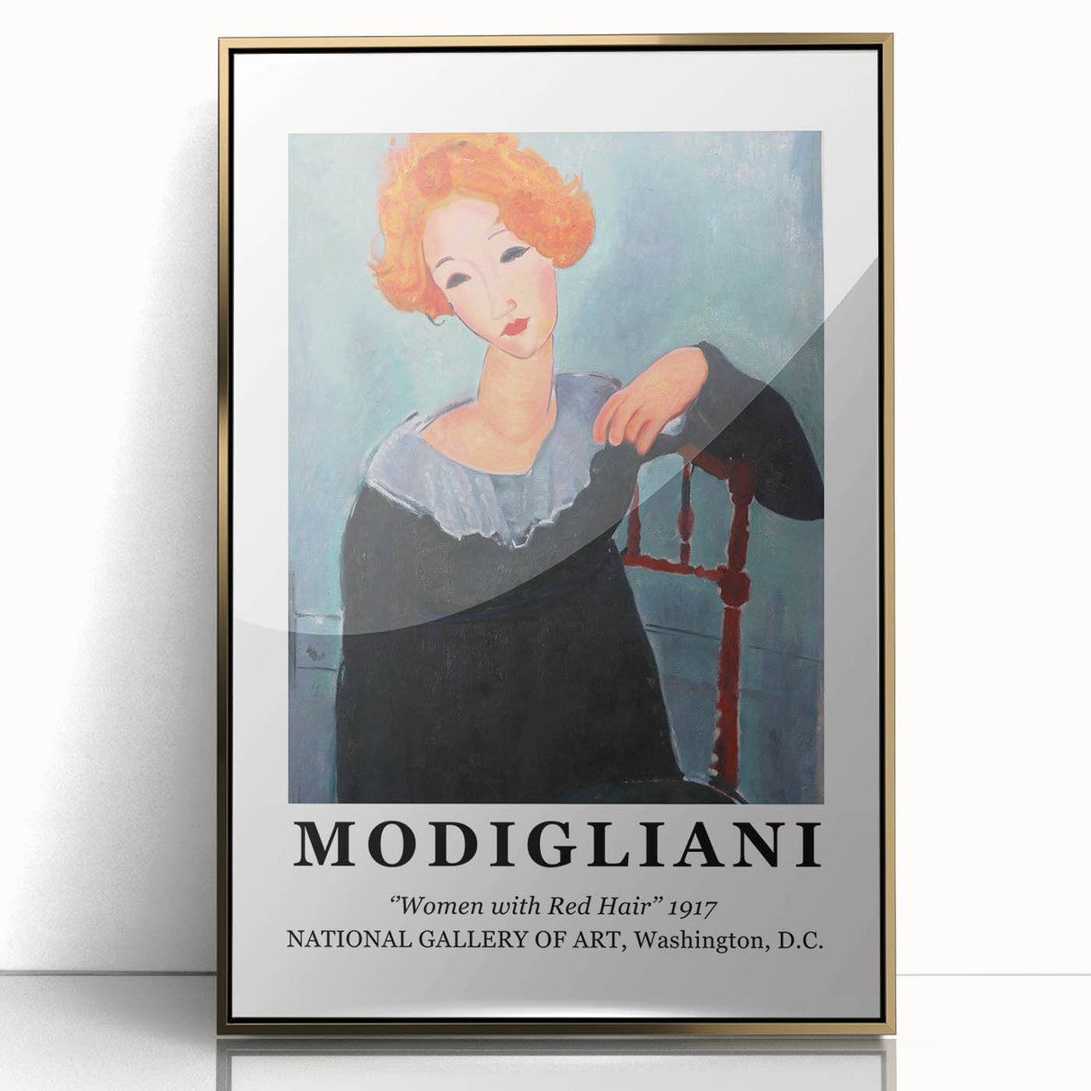 Mid-century modernist art print of a Modigliani portrait in a gold frame, ideal for nursery wall art.