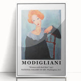 Art Deco poster featuring a Modigliani-inspired portrait in muted colors on a white acrylic frame.